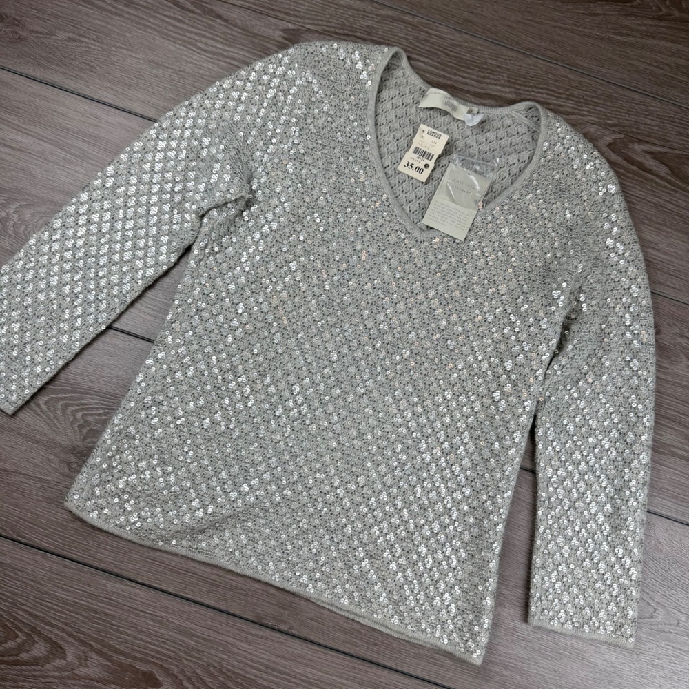 I. Magnin Women Sweater 2-Ply 100% Cashmere V-Neck Sequin Gray M